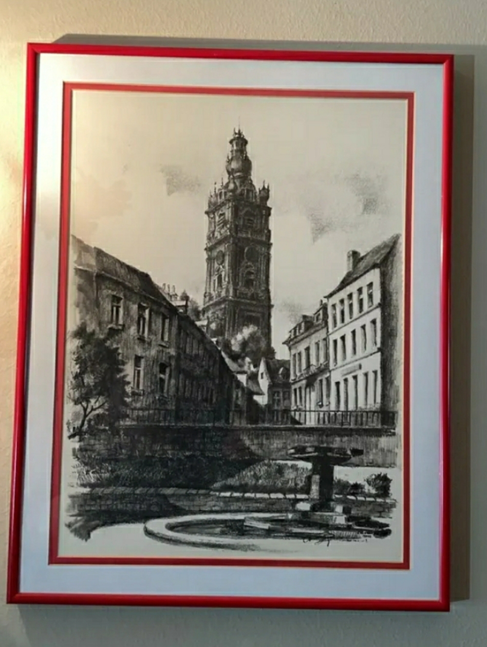 Vintage Charcoal Drawing Print Mons Belgium Belfy Large 20 X 15 Red Frame